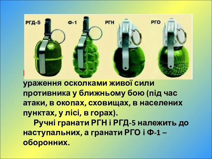 Ручні осколкові гранати призначені для ураження осколками живої сили противника у