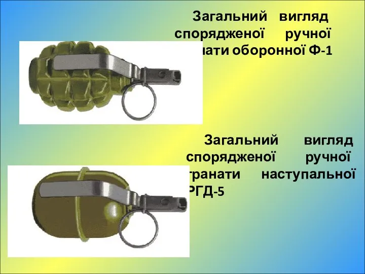 Загальний вигляд спорядженої ручної гранати оборонної Ф-1 Загальний вигляд спорядженої ручної гранати наступальної РГД-5