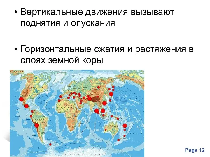 Вертикальные движения вызывают поднятия и опускания Горизонтальные сжатия и растяжения в слоях земной коры