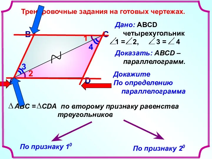 Тренировочные задания на готовых чертежах. В А С D Доказать: АВСD –параллелограмм. Докажите По определению параллелограмма