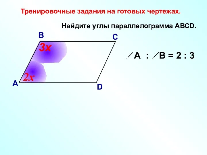 Найдите углы параллелограмма АВСD. В А С D 2х 3х Тренировочные задания на готовых чертежах.