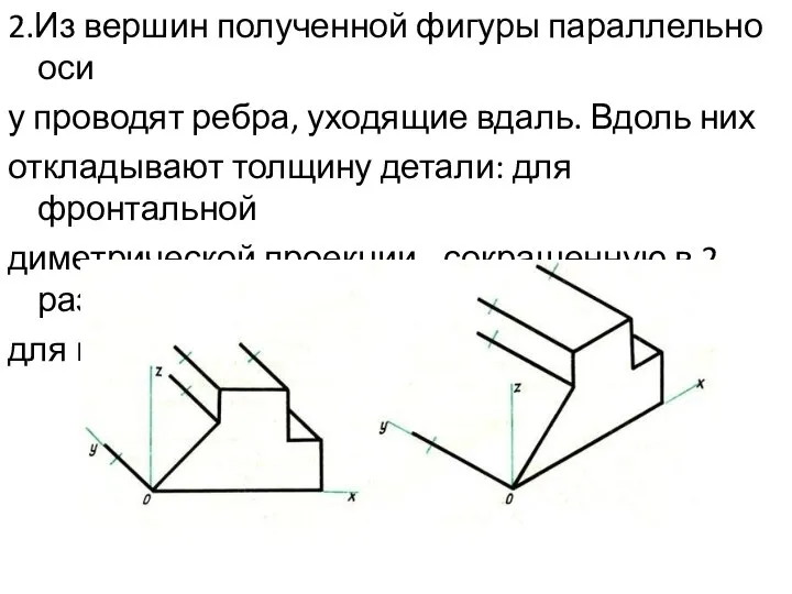 2.Из вершин полученной фигуры параллельно оси у проводят ребра, уходящие вдаль.