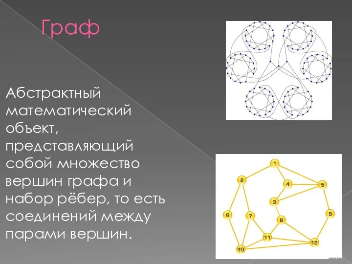 Граф Абстрактный математический объект, представляющий собой множество вершин графа и набор