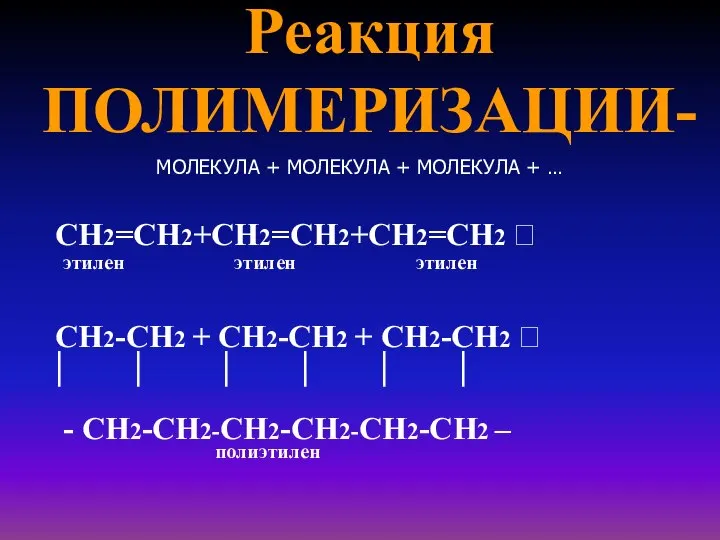 Реакция ПОЛИМЕРИЗАЦИИ- МОЛЕКУЛА + МОЛЕКУЛА + МОЛЕКУЛА + … СН2=СН2+СН2=СН2+СН2=СН2 ?