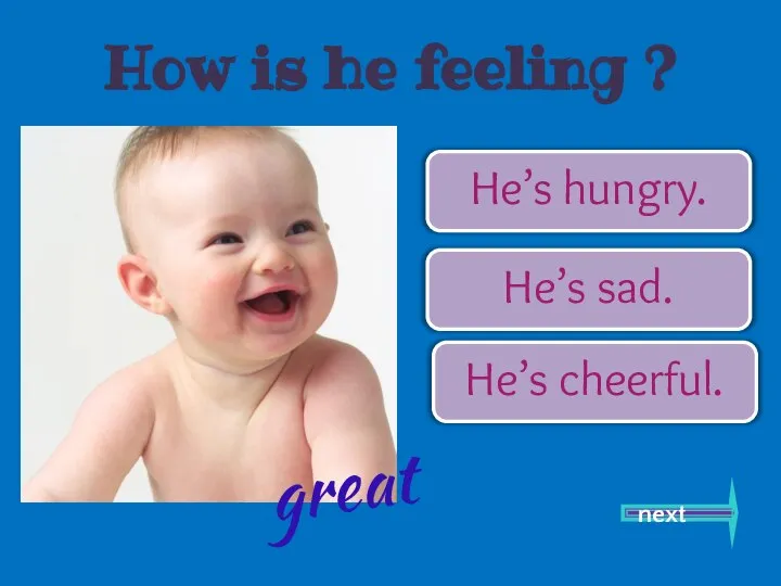 He’s hungry. He’s sad. He’s cheerful. next great How is he feeling ?