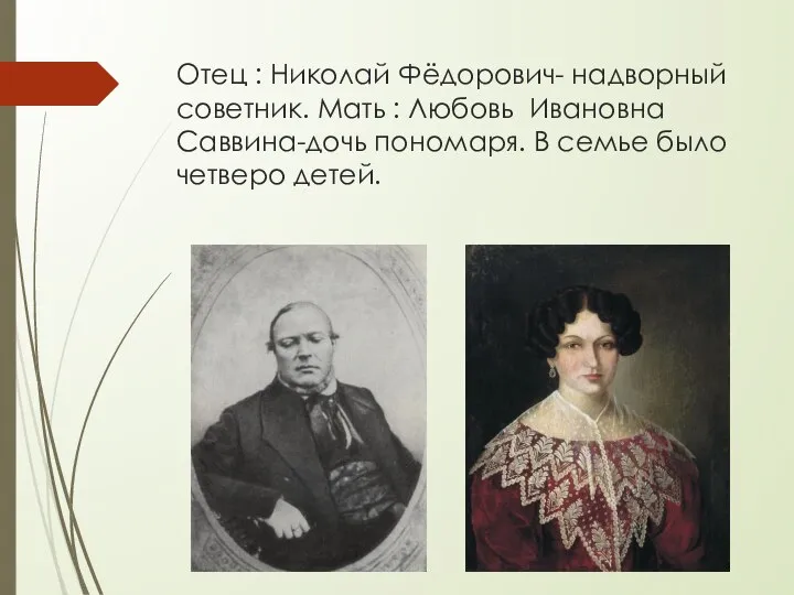Отец : Николай Фёдорович- надворный советник. Мать : Любовь Ивановна Саввина-дочь