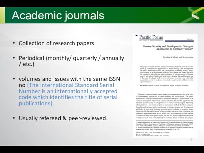 Academic journals Collection of research papers Periodical (monthly/ quarterly / annually