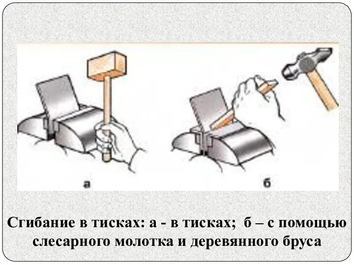 Сгибание в тисках: а - в тисках; б – с помощью слесарного молотка и деревянного бруса