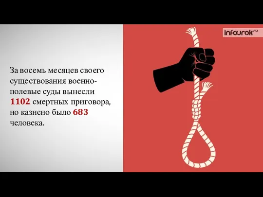 За восемь месяцев своего существования военно-полевые суды вынесли 1102 смертных приговора, но казнено было 683 человека.