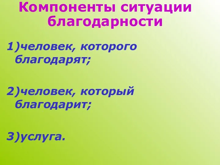 Компоненты ситуации благодарности 1)человек, которого благодарят; 2)человек, который благодарит; 3)услуга.