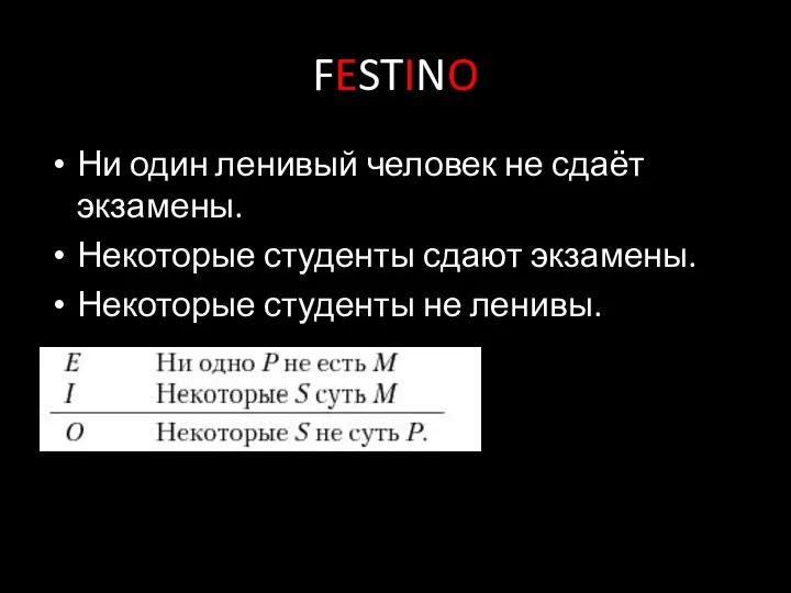 FESTINO Ни один ленивый человек не сдаёт экзамены. Некоторые студенты сдают экзамены. Некоторые студенты не ленивы.