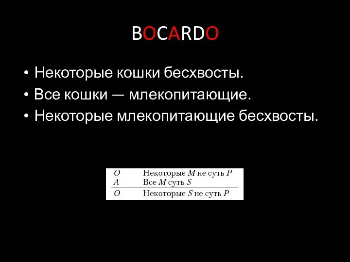 BOCARDO Некоторые кошки бесхвосты. Все кошки — млекопитающие. Некоторые млекопитающие бесхвосты.