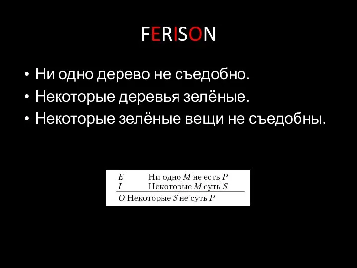 FERISON Ни одно дерево не съедобно. Некоторые деревья зелёные. Некоторые зелёные вещи не съедобны.