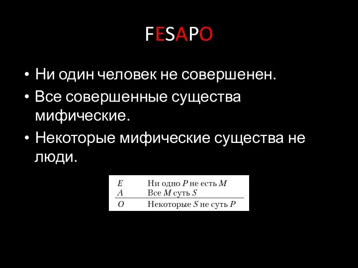 FESAPO Ни один человек не совершенен. Все совершенные существа мифические. Некоторые мифические существа не люди.