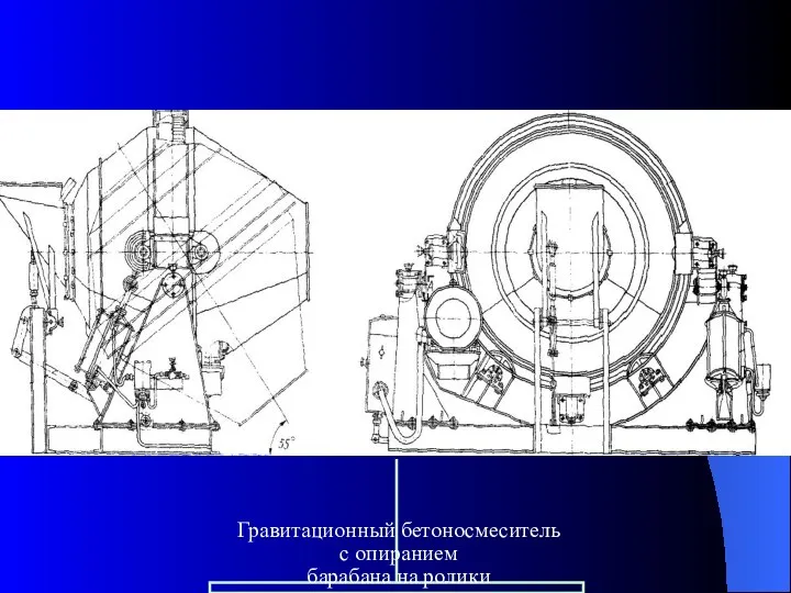 Гравитационный бетоносмеситель с опиранием барабана на ролики