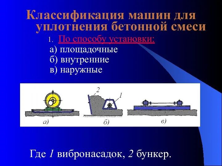 Классификация машин для уплотнения бетонной смеси По способу установки: а) площадочные