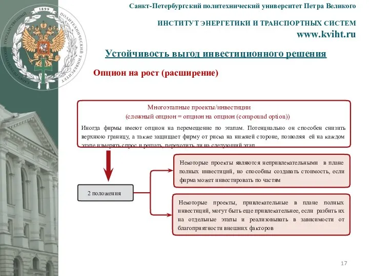 Устойчивость выгод инвестиционного решения Санкт-Петербургский политехнический университет Петра Великого ИНСТИТУТ ЭНЕРГЕТИКИ