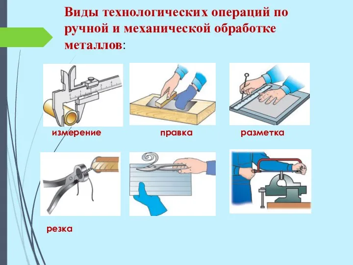 Виды технологических операций по ручной и механической обработке металлов: измерение правка разметка резка