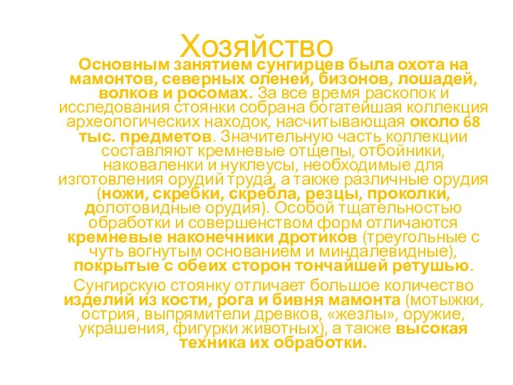 Хозяйство Основным занятием сунгирцев была охота на мамонтов, северных оленей, бизонов,