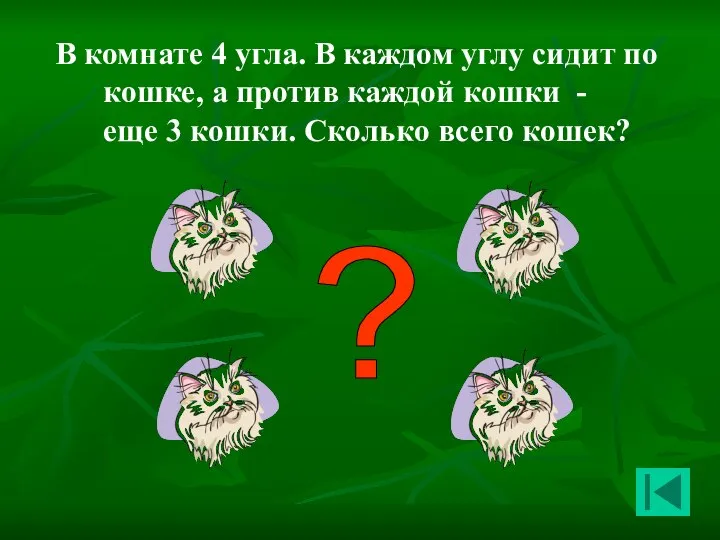 В комнате 4 угла. В каждом углу сидит по кошке, а