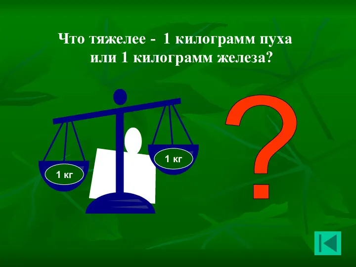 Что тяжелее - 1 килограмм пуха или 1 килограмм железа? 1 кг 1 кг ?