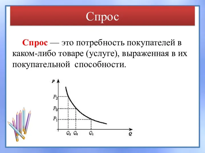 Спрос Спрос — это потребность покупателей в каком-либо товаре (услуге), выраженная в их покупательной способности.