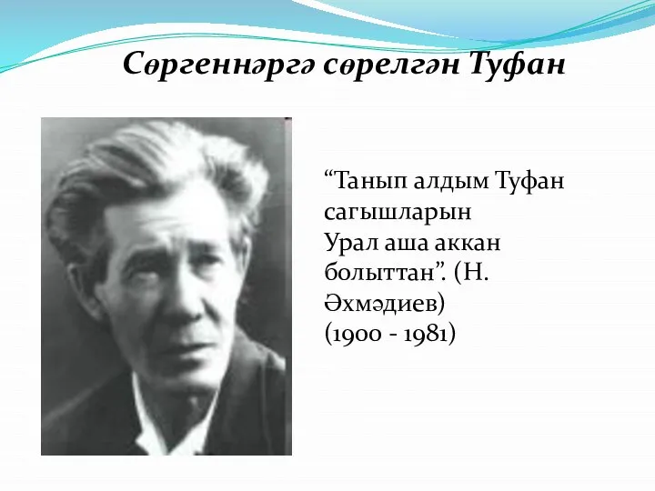 Сөргеннәргә сөрелгән Туфан “Танып алдым Туфан сагышларын Урал аша аккан болыттан”. (Н.Әхмәдиев) (1900 - 1981)