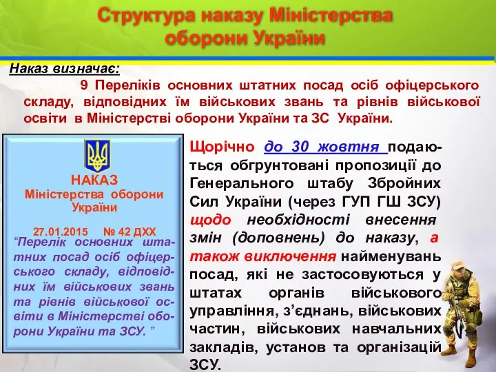 Структура наказу Міністерства оборони України Наказ визначає: 9 Переліків основних штатних