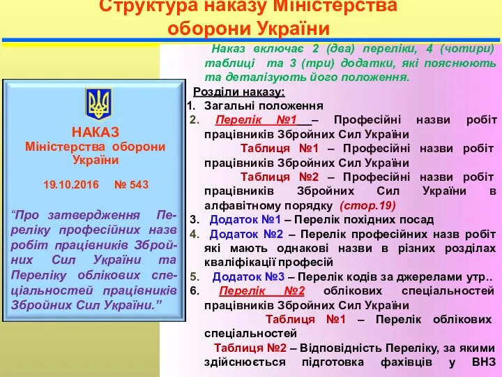 Наказ включає 2 (два) переліки, 4 (чотири) таблиці та 3 (три)