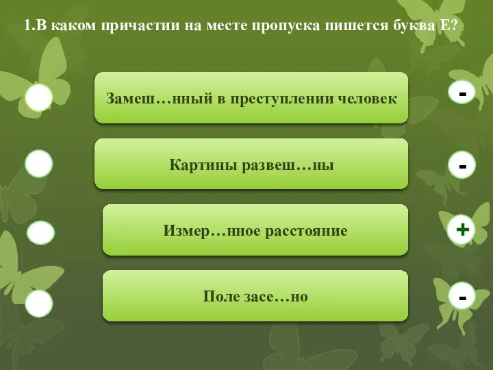 1.В каком причастии на месте пропуска пишется буква Е? Замеш…нный в