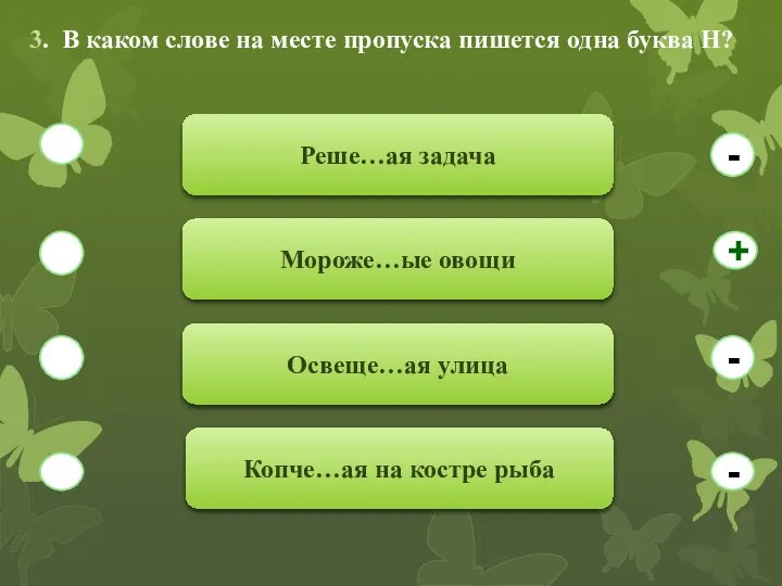 3. В каком слове на месте пропуска пишется одна буква Н?