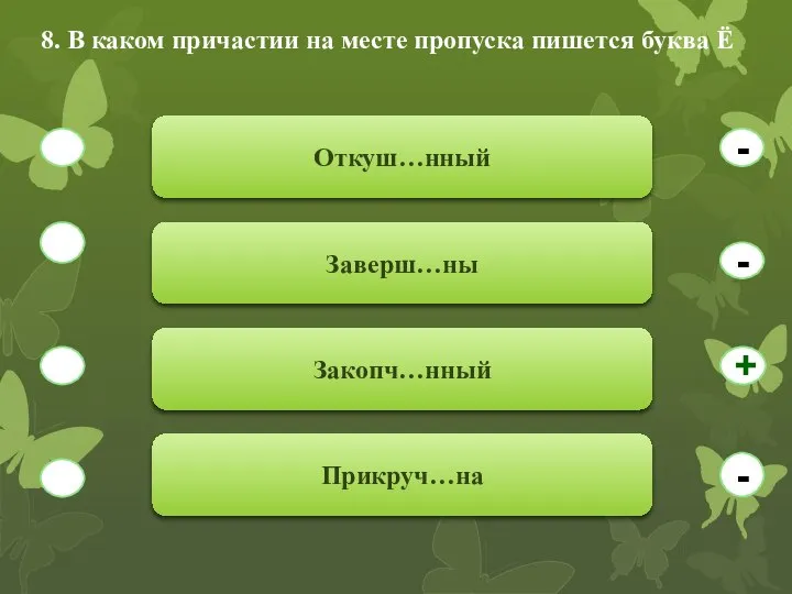 8. В каком причастии на месте пропуска пишется буква Ё Откуш…нный