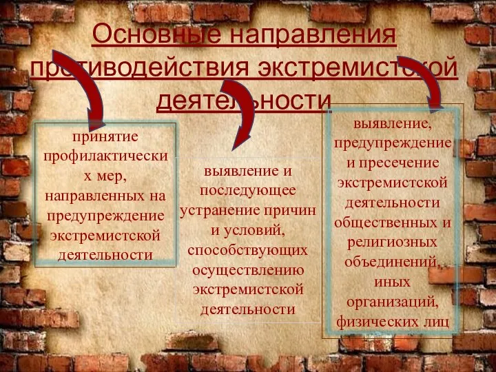 Основные направления противодействия экстремистской деятельности выявление и последующее устранение причин и условий, способствующих осуществлению экстремистской деятельности