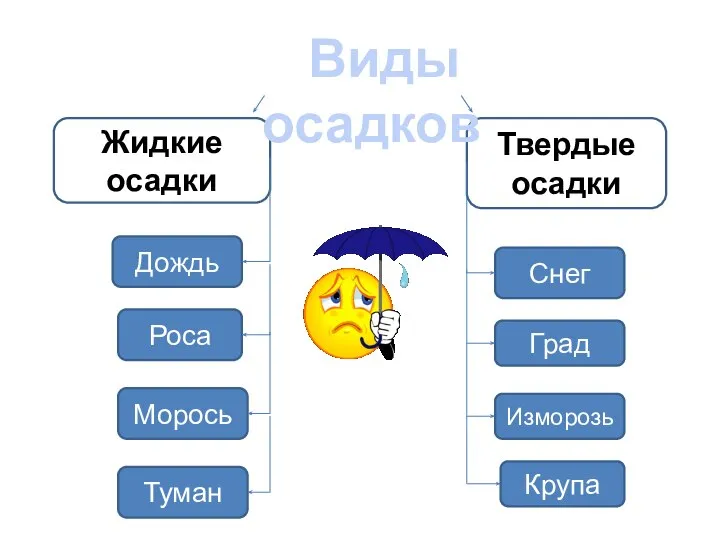 Твердые осадки Жидкие осадки Виды осадков Дождь Роса Морось Туман Снег Град Изморозь Крупа