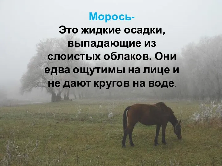 Морось- Это жидкие осадки, выпадающие из слоистых облаков. Они едва ощутимы