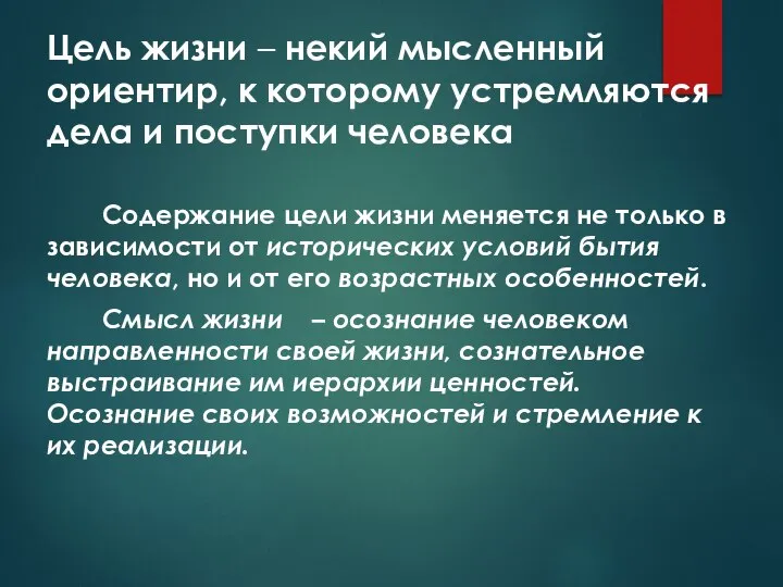 Цель жизни – некий мысленный ориентир, к которому устремляются дела и