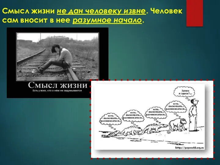 Смысл жизни не дан человеку извне. Человек сам вносит в нее разумное начало.