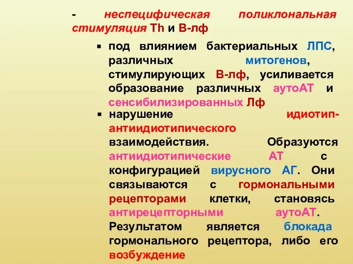 - неспецифическая поликлональная стимуляция Тh и В-лф под влиянием бактериальных ЛПС,