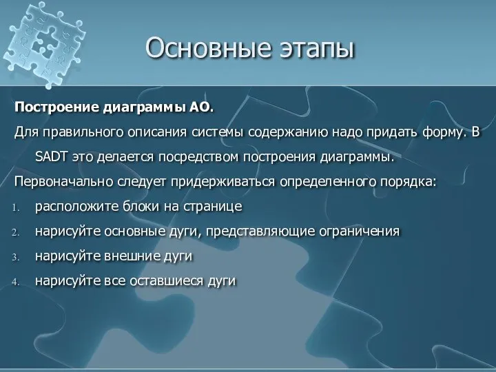 Основные этапы Построение диаграммы АО. Для правильного описания системы содержанию надо