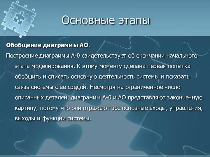 Основные этапы Обобщение диаграммы АО. Построение диаграммы А-0 свидетельствует об окончании