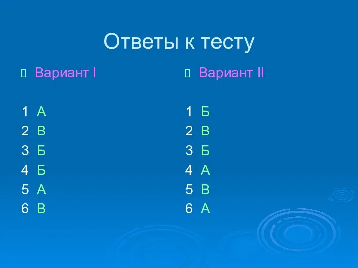 Ответы к тесту Вариант I 1 А 2 В 3 Б