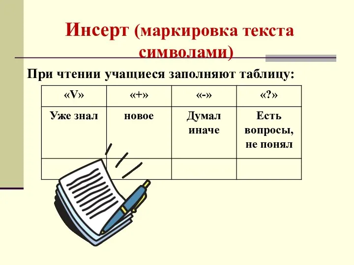 Инсерт (маркировка текста символами) При чтении учащиеся заполняют таблицу: