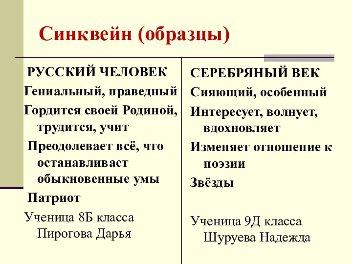 Синквейн (образцы) РУССКИЙ ЧЕЛОВЕК Гениальный, праведный Гордится своей Родиной, трудится, учит