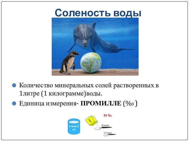 Соленость воды Количество минеральных солей растворенных в 1литре (1 килограмме)воды. Единица измерения- ПРОМИЛЛЕ (%0 )