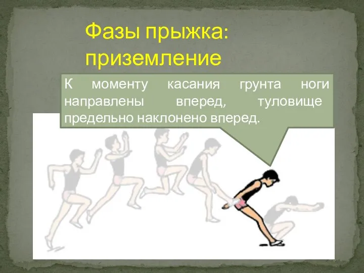 К моменту касания грунта ноги направлены вперед, туловище предельно наклонено вперед. Фазы прыжка: приземление