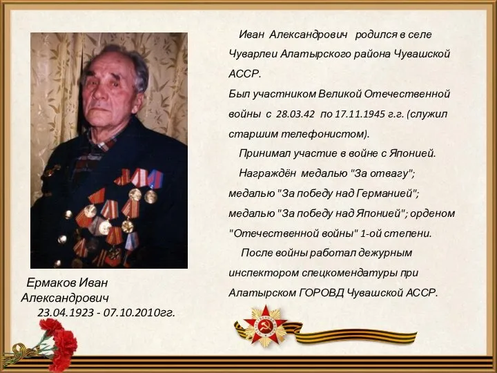 Иван Александрович родился в селе Чуварлеи Алатырского района Чувашской АССР. Был