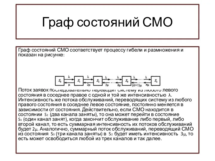 Граф состояний СМО Граф состояний СМО соответствует процессу гибели и размножения