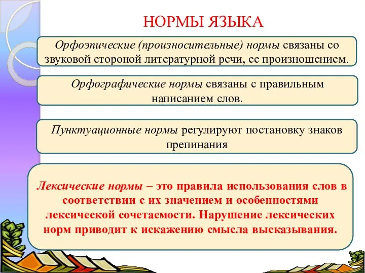 НОРМЫ ЯЗЫКА Орфоэпические (произносительные) нормы связаны со звуковой стороной литературной речи,