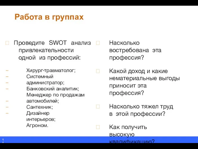 Работа в группах  Проведите SWOT анализ привлекательности одной из профессий: