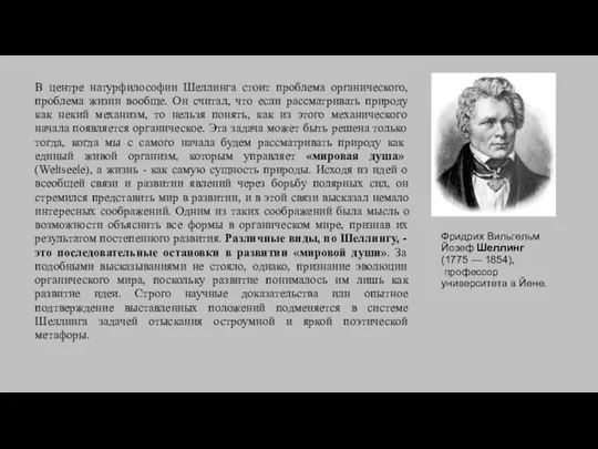 В центре натурфилософии Шеллинга стоит проблема органического, проблема жизни вообще. Он